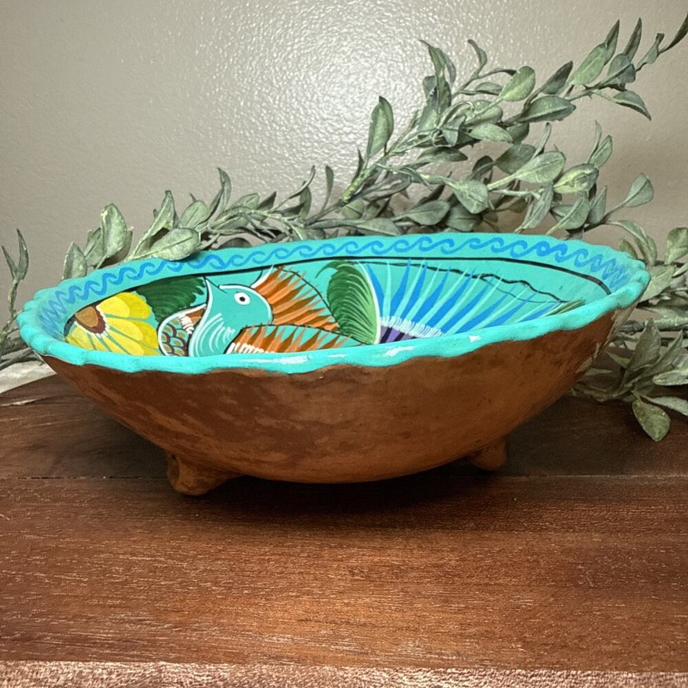 Hand Painted Mexican Folk Art Pottery Footed Bowl Bird Floral Terracotta 6.75” - Picture 2 of 12